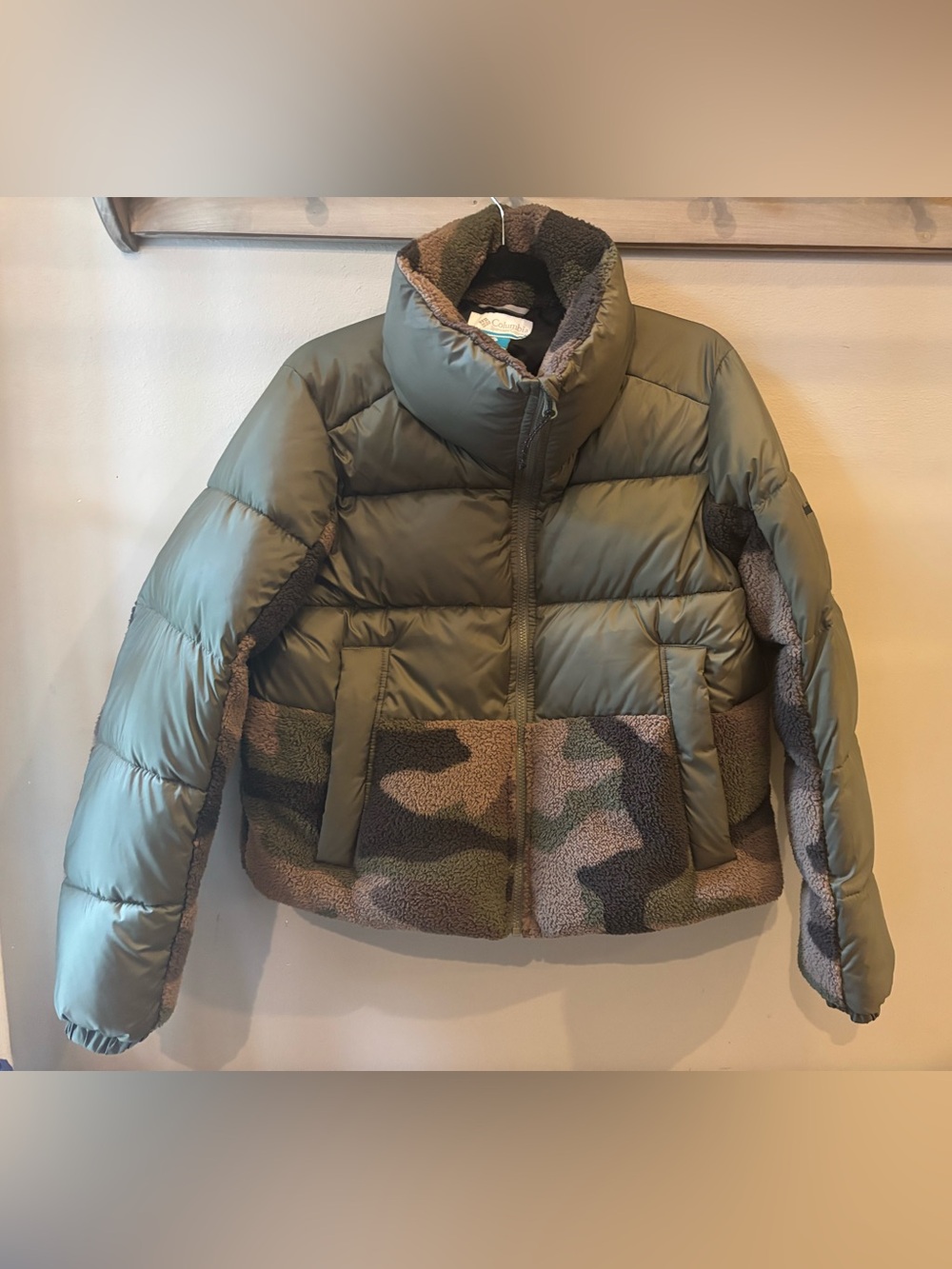 Columbia Kids Olive Green Puffer Jacket with Camo Sherpa